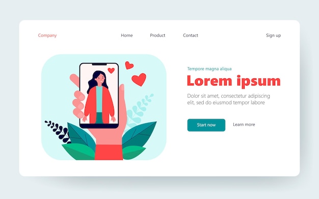 Male hand holding smartphone with woman photo. Love, heart, phone flat vector illustration. Social media and digital technology concept for banner, website design or landing web page