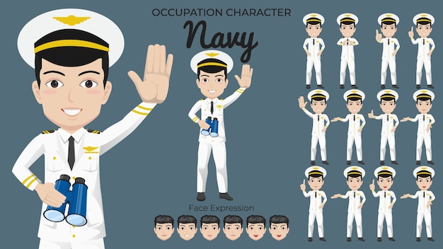Vector male navy character set with variety of pose and face expression