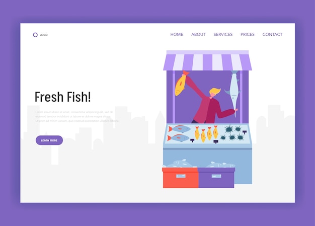 Male Seller Character Selling Fish and Seafood at Modern Street Store Landing Page. Fresh Food Farmer Organic Market Concept Website or Web Page. Healthy Ecomarket Flat Cartoon Vector Illustration