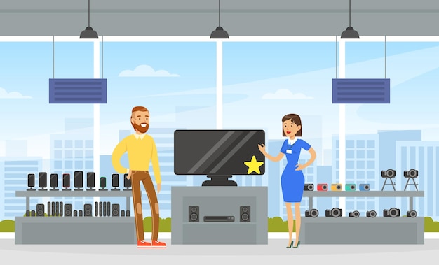 Vector male shop assistant helping young woman to choose tv at shopping mall modern electronics store or shop interior vector illustration