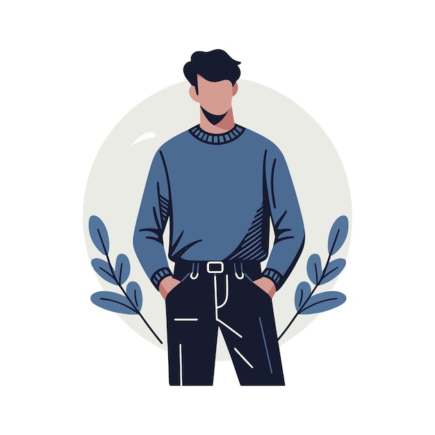 Vector a man in a blue sweater and black pants stands in front of a white background