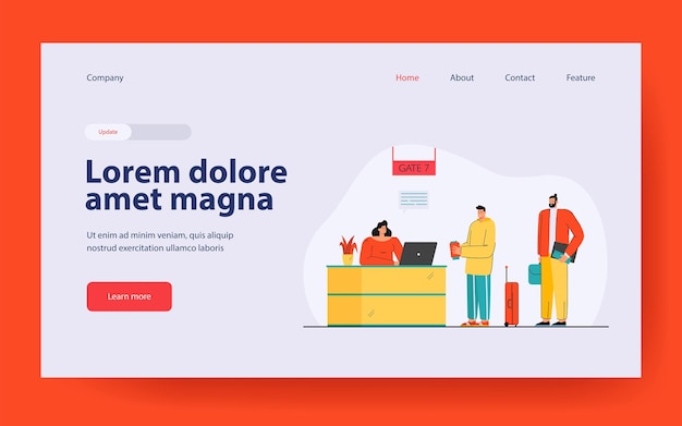 Man checking in for flight landing page in flat style