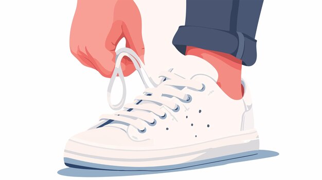 Vector man fixing shoelaces on white sneaker flat vector illustration