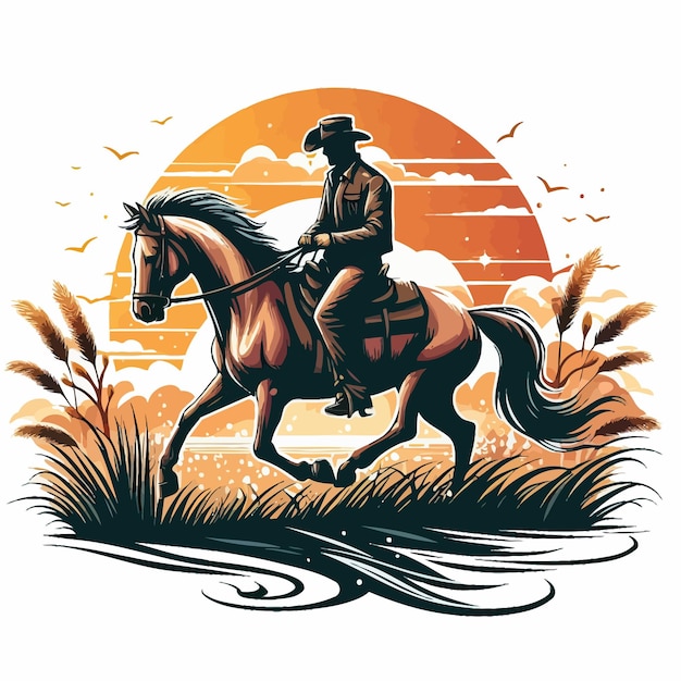 a man on a horse is riding in a field with a sunset in the background