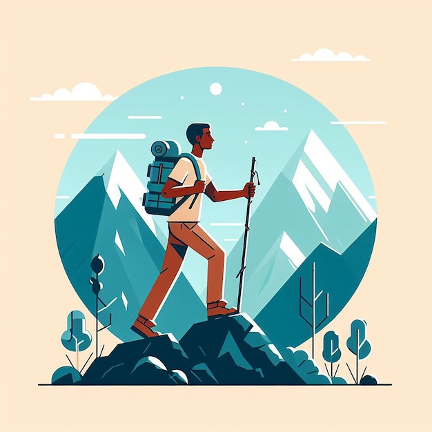 A man is hiking up a mountain with a backpack and a walking stick illustration design