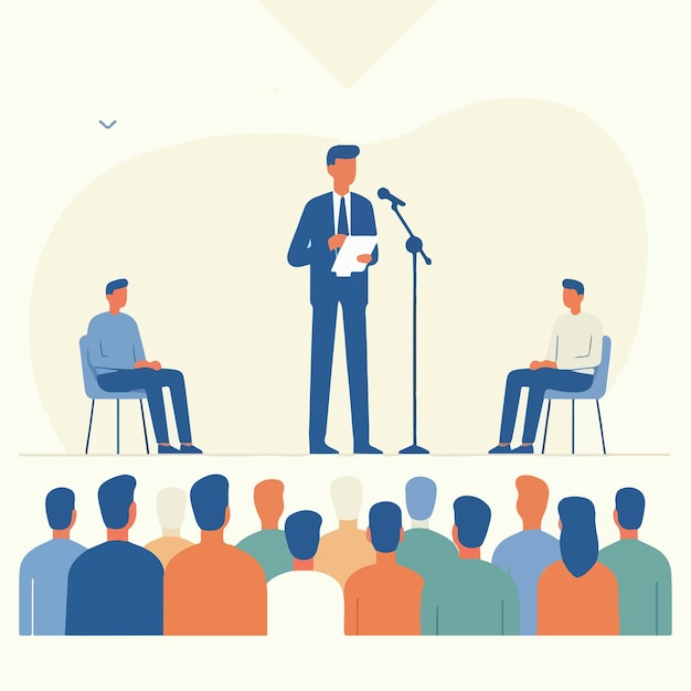 Vector a man is speaking into a microphone and the words the man is holding a paper