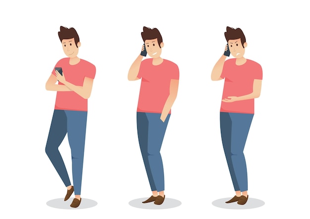 Man is talking on the phone with different emotions character vector design