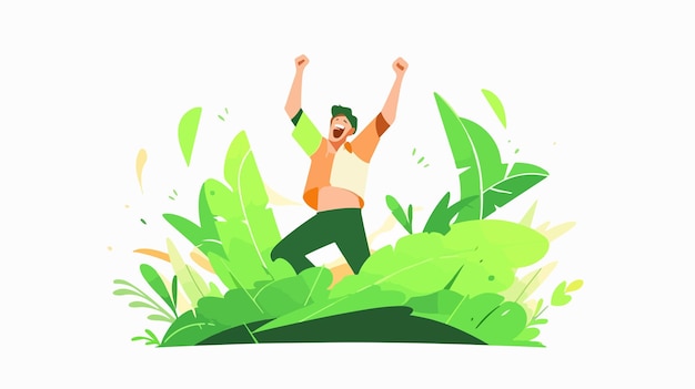 Vector a man jumping in the grass with his arms up in the air