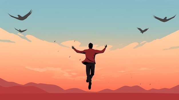 Vector a man jumps in the air with a sunset in the background