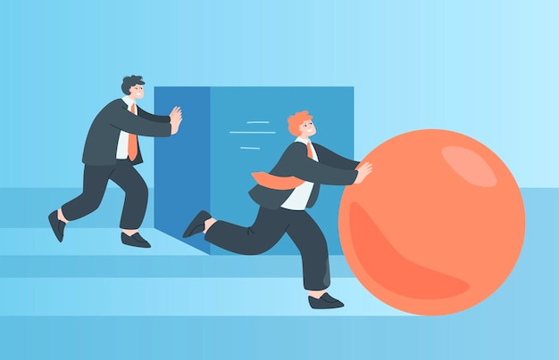 Vector man moving square and smarter competitor pushing ball forward. creative, innovative and efficient solution, businessmen competing flat vector illustration. challenge, leadership, innovation concept