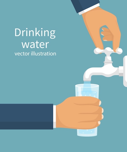 Man opens a water tap with his hand holding a glass Kitchen faucet Glass of clean water Vector illustration flat design Isolated on background Filling cup beverage Pouring fresh drink