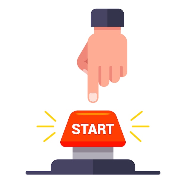 man presses the red start button. flat   illustration.