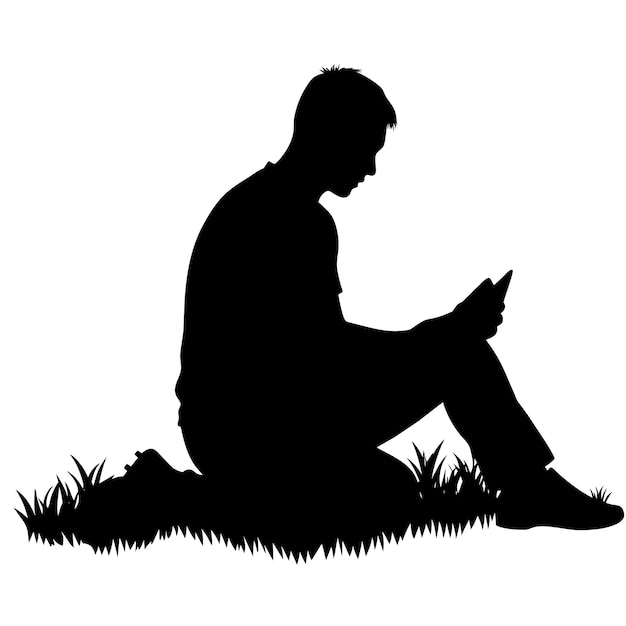 a man reading book sitting on the field ground grass vector silhouette