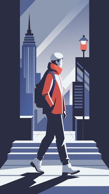 a man in a red jacket walks in an urban area