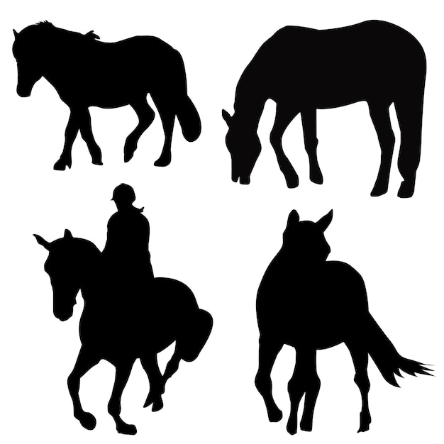 Vector a man riding a horse with a horse on it silhouette horse group set