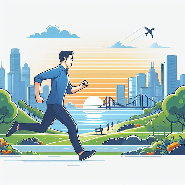 Vector a man running in a park with a city in the background