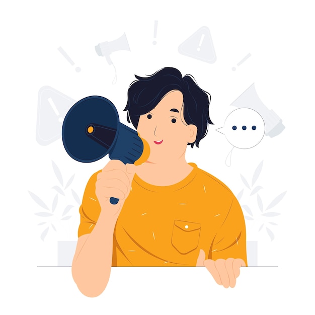 Man shouting and doing announcement in megaphone concept illustration