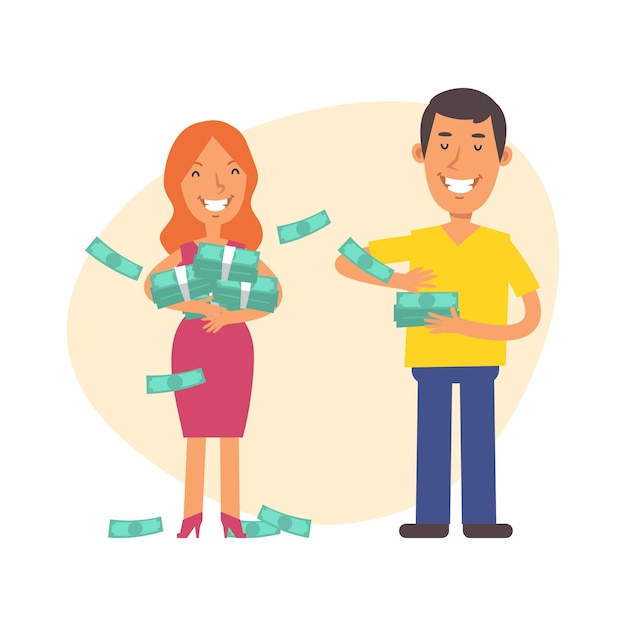 Man showered money on woman. Vector characters. Vector Illustration