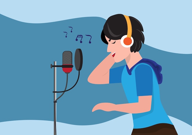 Man singing through the microphone Record a song in a sound studio radio host singer artist vector illustration design