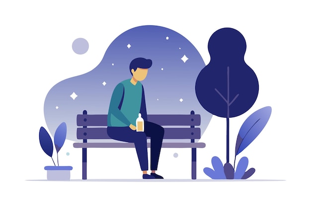 Vector man sitting on bench holding bottle in park at night