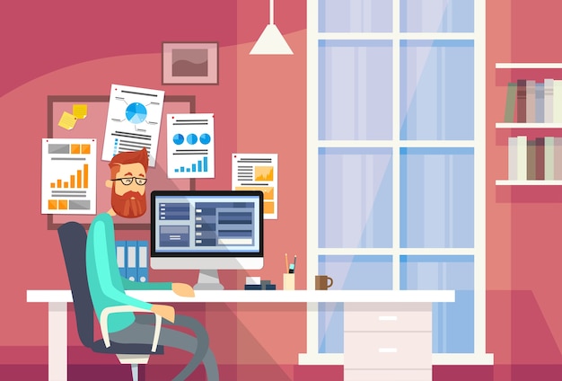 Vector man sitting desk creative office businessman