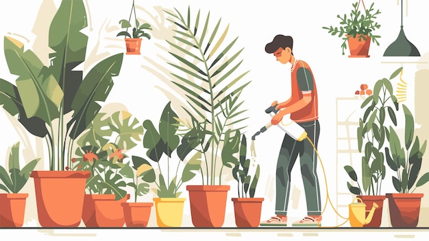 Vector man spraying houseplants and flowers plant care concept