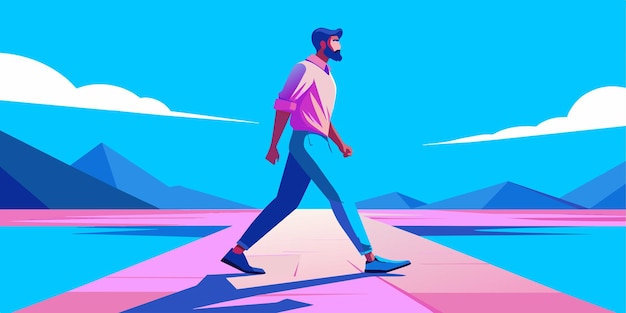 Vector a man walking on a road with mountains in the background