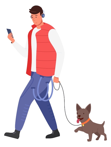 Man walking with dog and looking at smartphone screen Gadget addiction