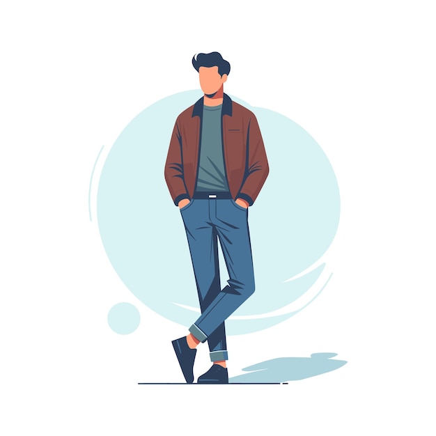 Vector a man wearing a jacket and jeans stands in front of a blue circle fashion men young man