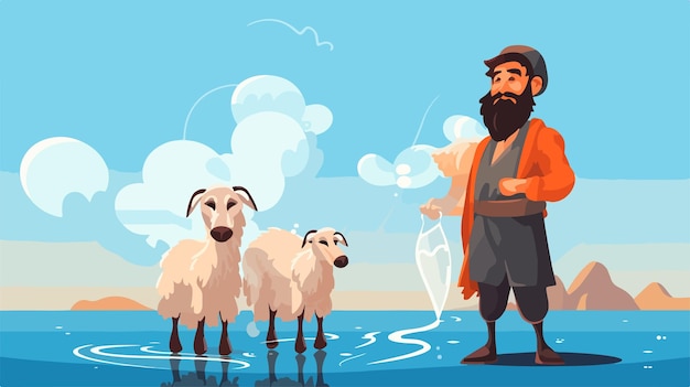 Vector a man with a beard and a sheep on the right