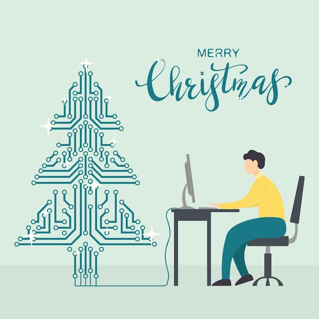 Man with Computer and Digital Christmas Tree