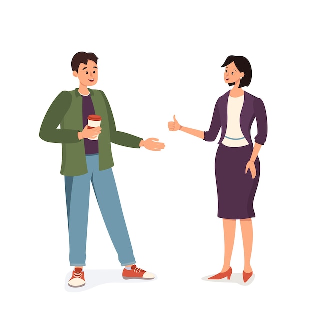 A man with a cup of coffee and a woman in a suit are talking. Working or friendly meeting. flat illustration