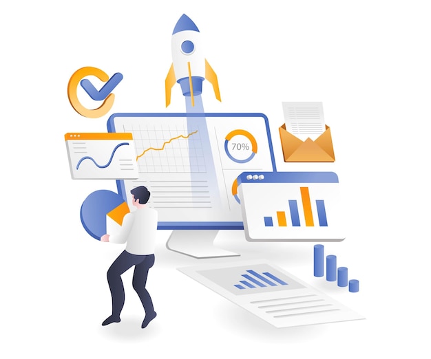 Vector man with pie chart on investment business computer screen