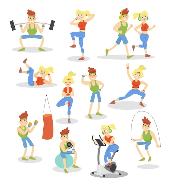 Vector man and woman exercising set, fitness couple doing exercise in the gym cartoon   illustrations