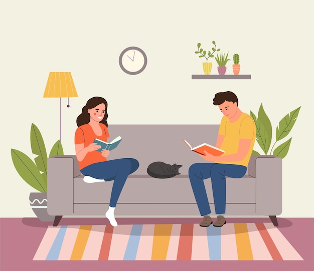 Man and woman sitting on the sofa with books Vector flat illustration