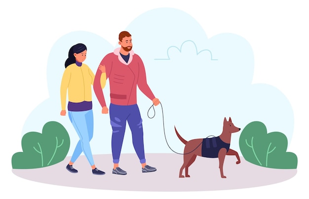 Man and woman walking with dog together Happy couple with pet