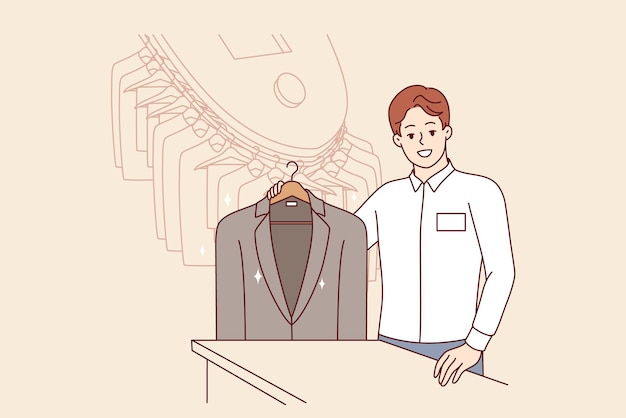 Vector man working in dry cleaner shows business jacket cleaned of stains from food or sauce