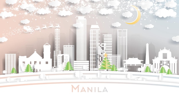 Manila Philippines City Skyline in Paper Cut Style with Snowflakes Moon and Neon Garland