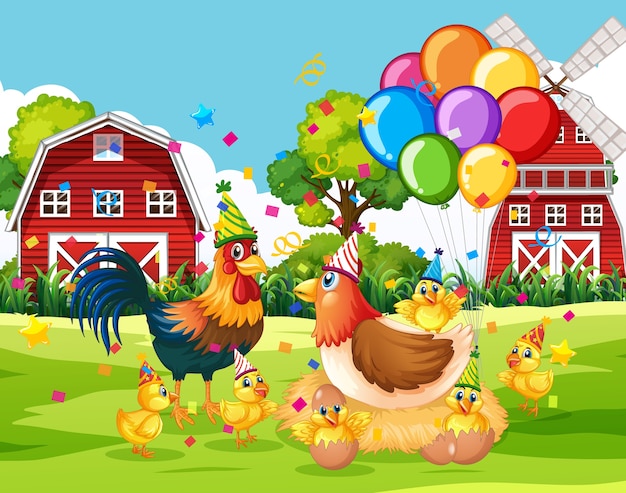 Many chickens in party theme in farm background