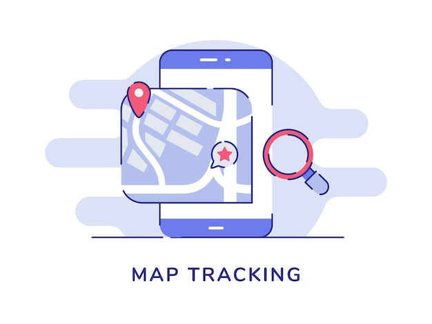 Vector map tracking concept pointer location on display smartphone screen white isolated background