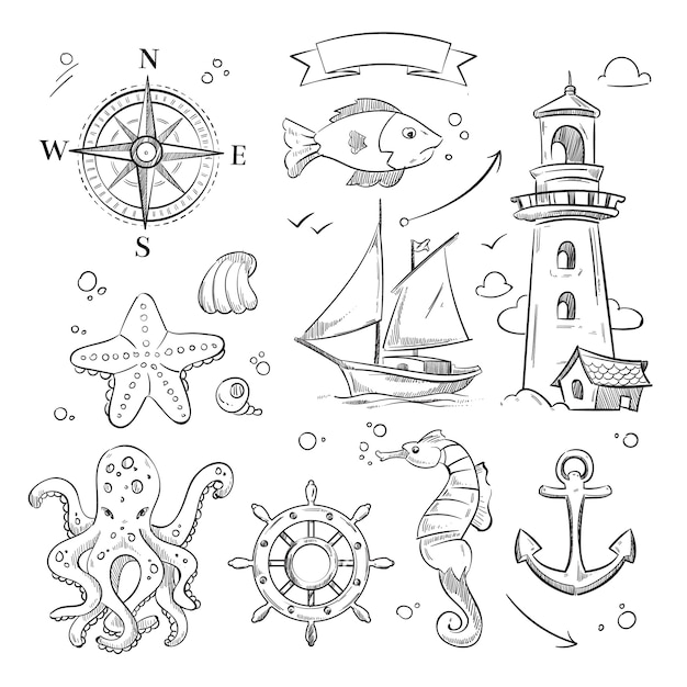 Marine doodle set 