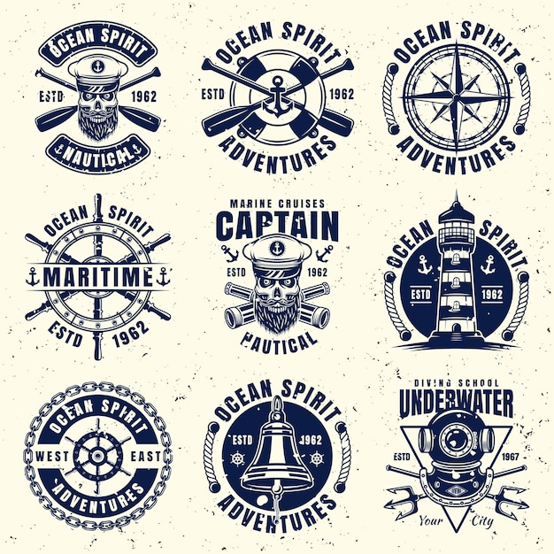 Vector maritime thematic set of nine vector emblems, labels, badges or logos. vector illustration on separate layer with removable grunge textures