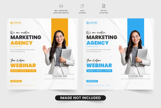 Marketing agency webinar template with blue and yellow colors Online business conference invitation webinar design with photo placeholder Webinar social media post vector for digital marketing