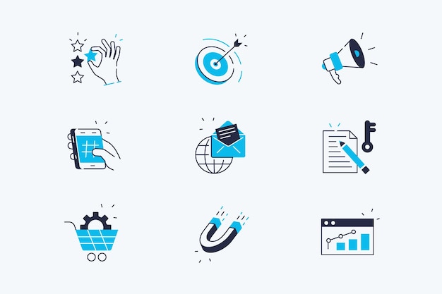Vector marketing line icons set vector illustration composition consists of positive feedback target advertisement global email sales keywords attraction flat style concept isolated on white