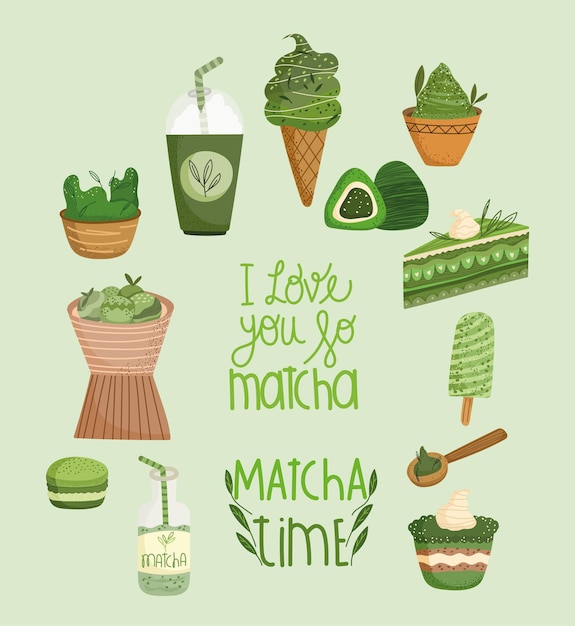 matcha time concept icons set