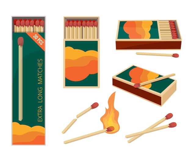 Vector matches cartoon. fire symbols dangerous wooden matches safety matchstick in box burning flame  collection.