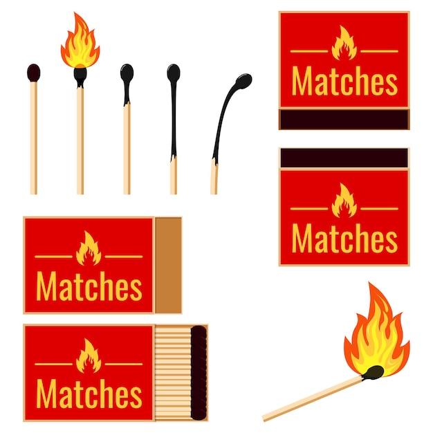 Vector matches flat design set vector illustrations burning matchstick on fire, burnt matchstick isolated on white background.