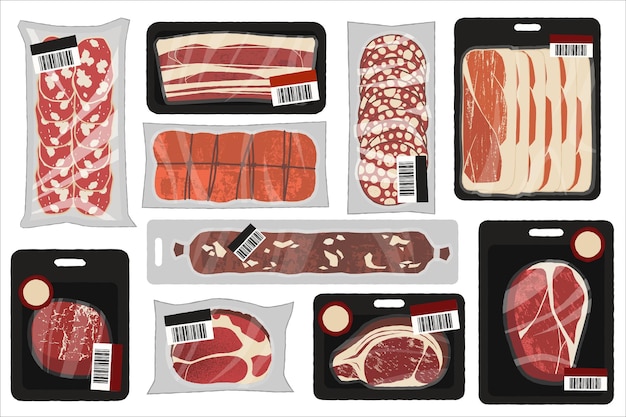 Vector meat product in plastic tray cartoon vacuum packed ground beef pork sausage frozen and fresh cold raw lean steak chop sausages and bacon slices vacuum pack vector isolated set