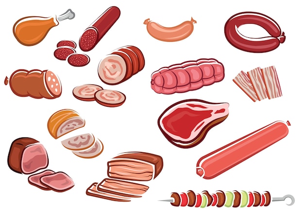 Meat products in cartoon style including  bacon strips, sliced sausages and roast beef, fresh steak, chicken leg, kebab with vegetables on skewer suited for steak house or butcher shop design