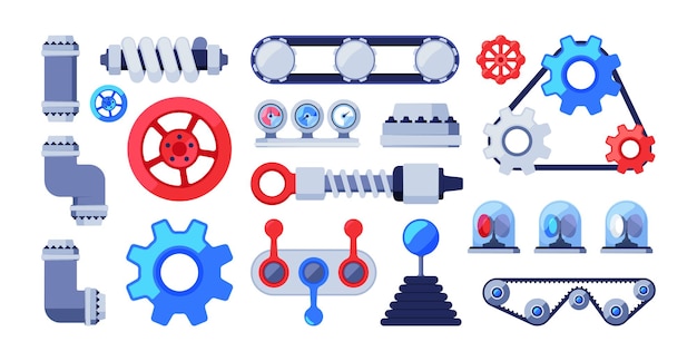 Mechanical parts Gears buttons robotic arms engineering tools industrial items garish vector conveyor elements